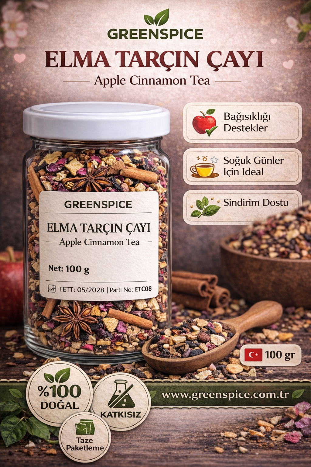 Elma Tarçın Çayı 100 g Doğal Bitki Çayı Karışımı | GreenSpice